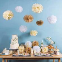 9 pièces Pompons en papier de style bohème Champagne Neutre Décorations de fête Fleurs en papier blanc crème et marron clair pour mariages, anniversaires, fiançailles, baby-showers, fêtes de style bohème