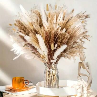 120pcs Artificial Rattan Grass Bouquet, Fluffy Bunny Tail Dried Flowers, Wedding Pampas Grass, Boho Home Decor, White Pampas Grass Vase, No Pest Risk, Outdoor Decoration, Garden And Lawn Accessories,Fall Decor,Autumn