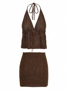 性感裹身系带无袖上衣迷你裙两件套2025夏季女式时尚度假派对针织裙套装