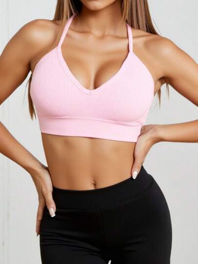 Piece Seamless Knit Ribbed Verleidelijke Bra, Wireless Cross Strap Backless Sports BH view 5