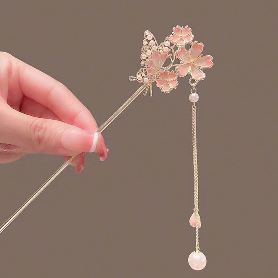 1 Stück Kirschblüten Haarkamm, Vintage Blumen Haaraccessoire für Frauen, elegante Hanfu Haarspange, quastenbesetzter Cheongsam Haarclip