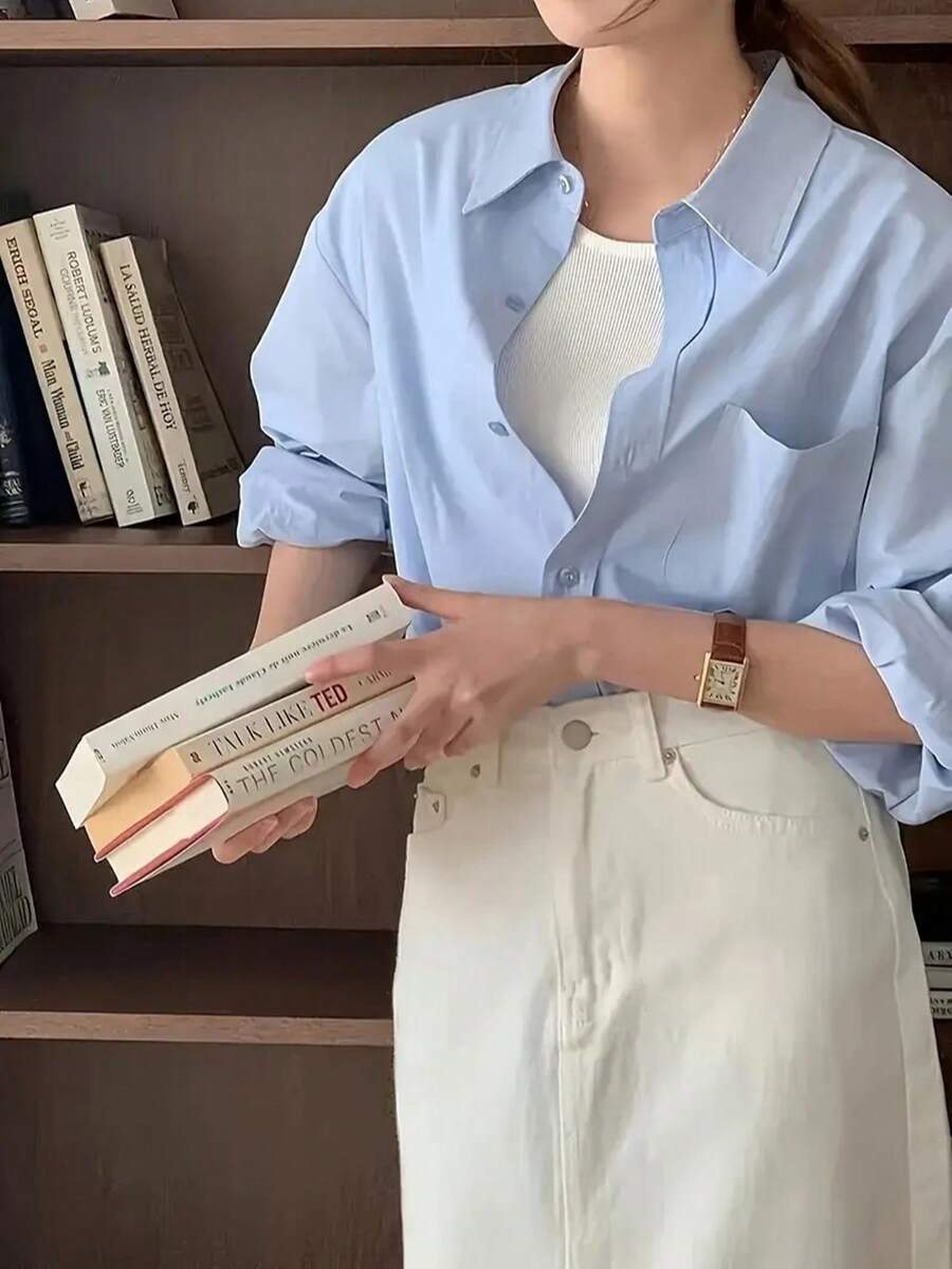 女式纯色长袖单排扣口袋休闲衬衫 - 藍色 - 查看 1