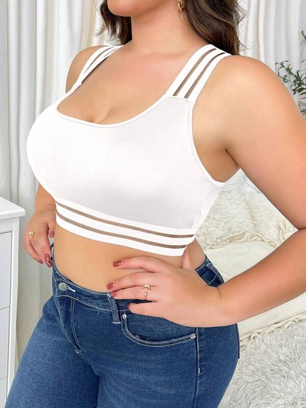 Sutiã esportivo feminino plus size com detalhes listrados, sutiã esportivo sem costura com cobertura total e costas cruzadas, sutiã elástico confortável e respirável, gola redonda casual, costas cruzadas da moda