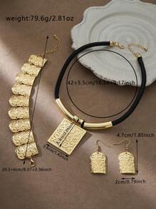 3 pièces/Set Collier rectangulaire géométrique, ensemble de bijoux Bracelet et Boucles d'oreilles, accessoires de mode exagérés de couleur or pour femmes, pour porter lors de soirées et de banquets