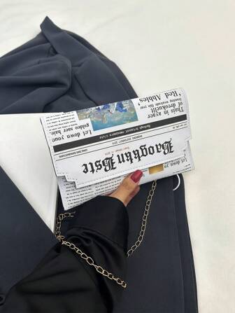 2025 New Korean Fashion Personalized Newspaper Print Chain Shoulder Bag, Casual Cross-Body Bag For Women