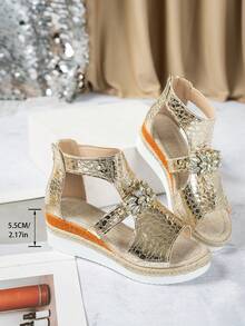 Dép quai hậu đính đá Rhinestone thời trang Bohemian họa tiết cá sấu mới, thích hợp cho kỳ nghỉ hè - Vàng - Xem 6
