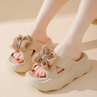 Women's High-Quality Slippers, Thick Sole, Korean Style Fashion Bow Decor Slides, Non-Slip Outdoor Wear, Versatile