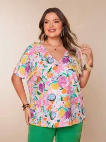 Fruit Print V-Neck Batwing Sleeve Casual Vacation Short Sleeve Tops, Lightweight Plus Size Women Summer Clothing