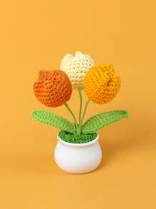 1pc Handmade Crocheted Yarn Simulation Tulip Potted Plant, Round Cute Woven Yarn Tulip, 1 Double Headed Stamen, 1 Triple Headed Flower Bud, Desktop, Car, Office, Home Decoration, Small Gift, Can Be Given To Family, Friends, Classmates, Birthdays, Teachers, Souvenirs, Night Market Camping Parties, Scenic Spots Easter Gifts Graduation,Garden Decor,Outdoor Plant,Gardening,Fake Flowers