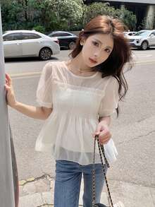 女式荷叶边网眼泡泡袖收腰衬衫上衣，夏季 - 白色 - 查看 3