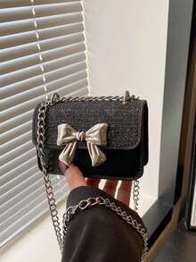 1pc Pu 时尚甜美春季简约西式斜挎包简约时尚通勤小方包韩版时尚包包，搭配西式蝴蝶装饰，时尚链条肩带，百搭休闲高颜值包包，适合外出、户外、日常使用，是送给朋友的完美礼物