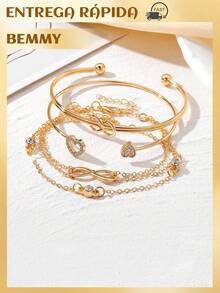 BEMMY 4 Pieces Luxury Love Shape Diamond Bracelet Set, Beautiful Alloy Open Bracelet, Suitable For Parties And Festivals - Gold - View 2