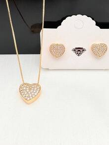 Delicate Heart-Shaped Necklace And Earrings Set, Encrusted With , Plated In 18k Gold Or 925 Silver - 金色 - 查看 1