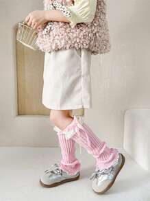 Fashion Retro Girls Ruffle Bow Knitted Long Sock, Warm Leg Warmers, Spring Autumn