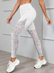Women High Waisted Geometric Mesh Patchwork Yoga Pants, Women's Elastic Tight Exercise Leggings, Breathable Geometric Mesh Patchwork Fitness Base Layer Pants