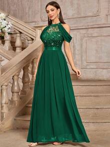 MIUSOL Elegant High Neck Sequin Floral Lace Off-Shoulder Evening Maxi Dress - Dark Green - View 7