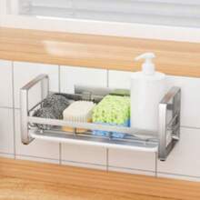 1pc Stainless Steel Sink Organizer Drying Rack, Hanging Sponge Holder, Faucet Storage Rack With Plastic Tray - Silver - View 10