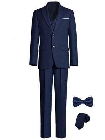 Tween Boys Suits Slim Fit 5 Piece Formal Dresswear Suit For Kids Tuxedo Wedding Set Toddler Boy Jacket With Vest, Pants, Tie And Bowknot