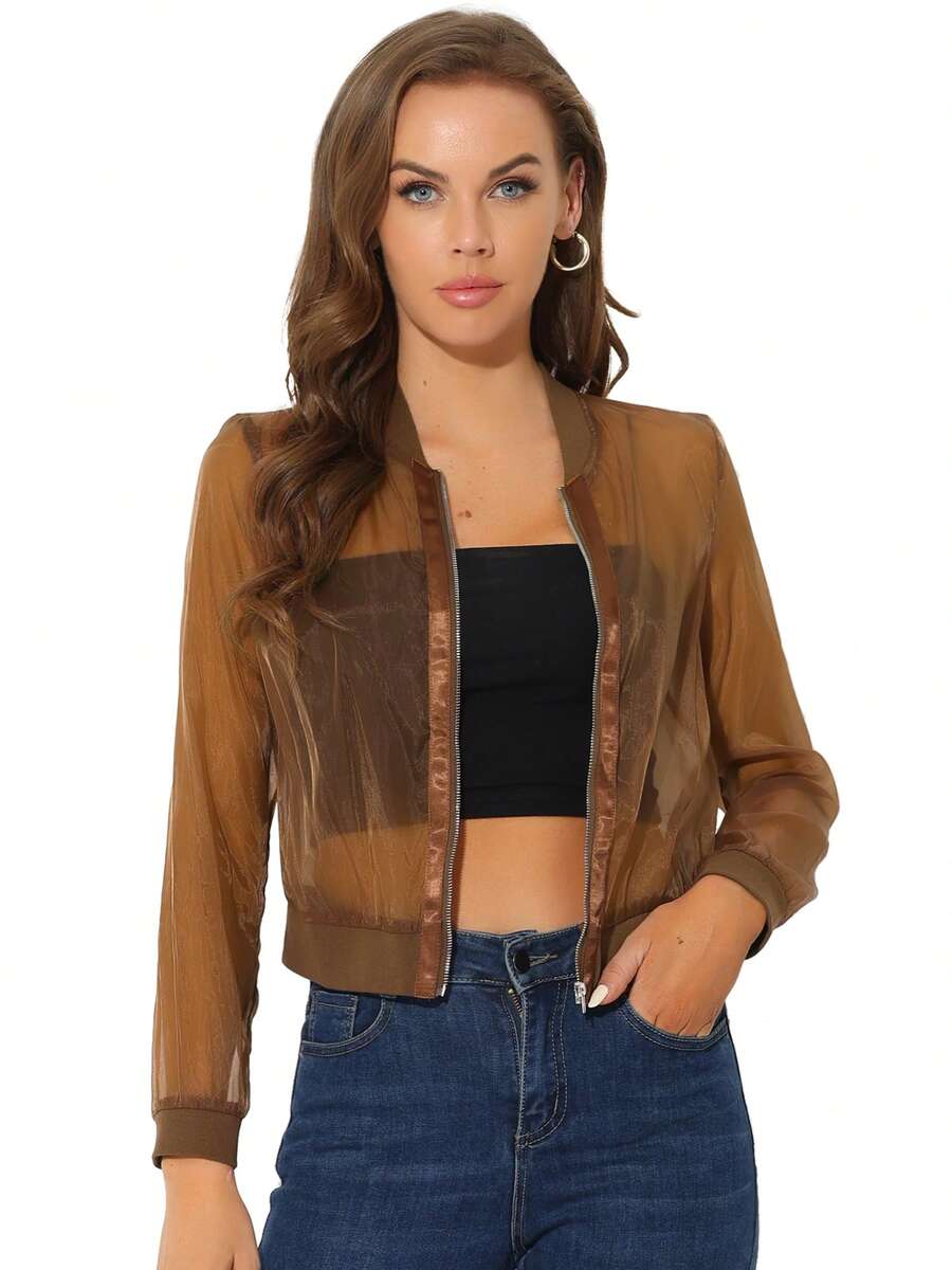 Women's Mesh Sheer Jacket See Through Long Sleeve Zip Up Bomber Jacket - Brown - View 1
