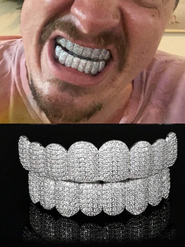 1pc/2pcs Zirconia Grillz Set - Shiny Upper & Lower Dental Grillz For Rappers And Cosplayers, Fashion Punk Style Jewelry For Men & Women, Glistening Rhinestones Hip Hop Grillz Teeth
