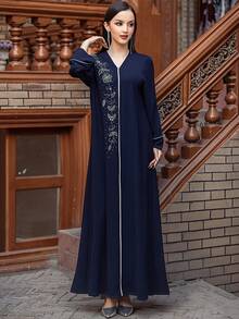 V-Neck Vintage Arabic Dress For Women, Navy Blue