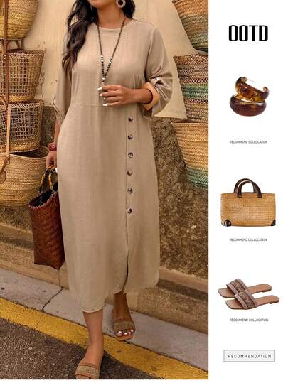 UrbanChic 加大码棉麻纽扣装饰连衣裙，女士春夏装，节日、外出、度假装，狂欢节装扮