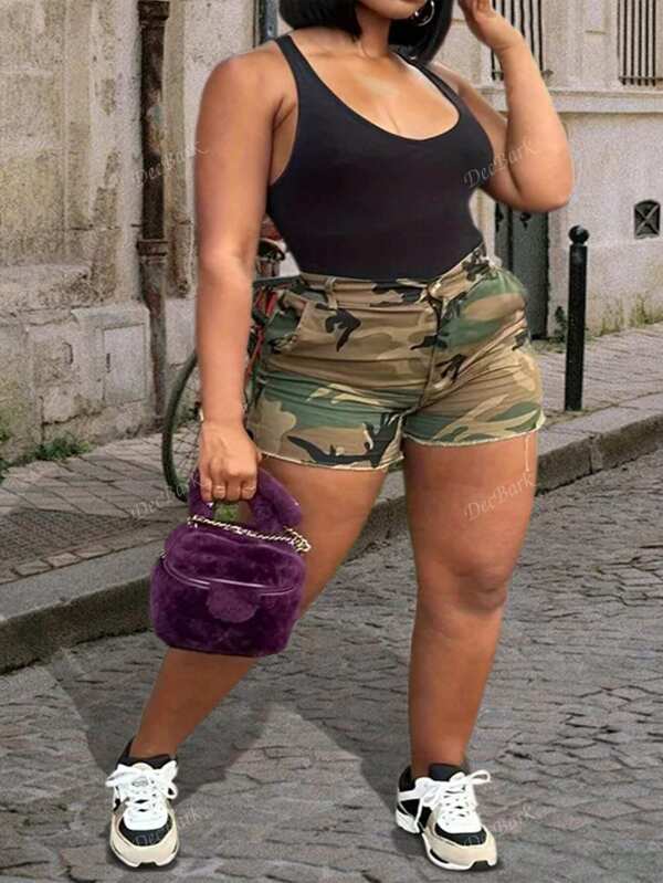 Shorts casuales de verano con bolsillos de camuflaje para mujer talla grande