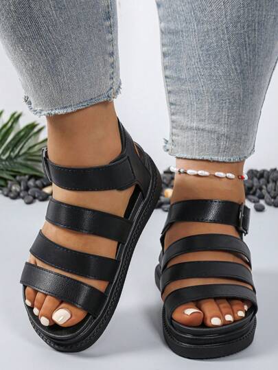 Women's Platform Wedge Comfortable Non-Slip Sandals, Suitable For Wide Feet, Black Flat Sandals, Casual Buckle Strap Summer Shoes, Comfortable Open Toe Sandals