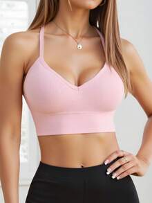 1-Piece Women's Seamless Knit Ribbed Sexy Bra, Wireless Cross Strap Backless Sports Bra - Dusty Pink - View 5