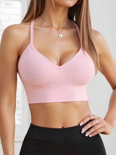 Piece Seamless Knit Ribbed Verleidelijke Bra, Wireless Cross Strap Backless Sports BH view 4