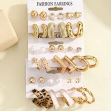 6-18pcs/Set Fashion Simple Versatile European & American Style Golden Metal Faux Pearl Heart Rhinestone Earrings Set, Suitable For Parties, Gatherings, Daily Wear, And Holiday Gifts