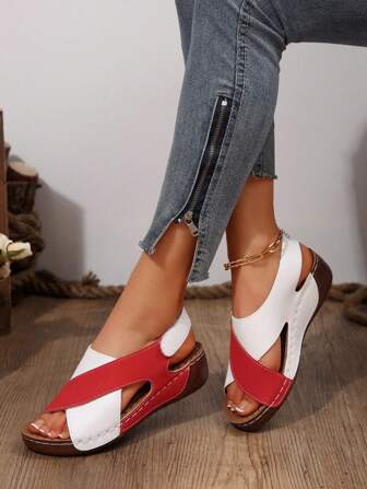 Women's Color Block Wedge Sandals, Casual Open Toe Platform Flat Shoes, Comfortable Beach Slip-On Shoes