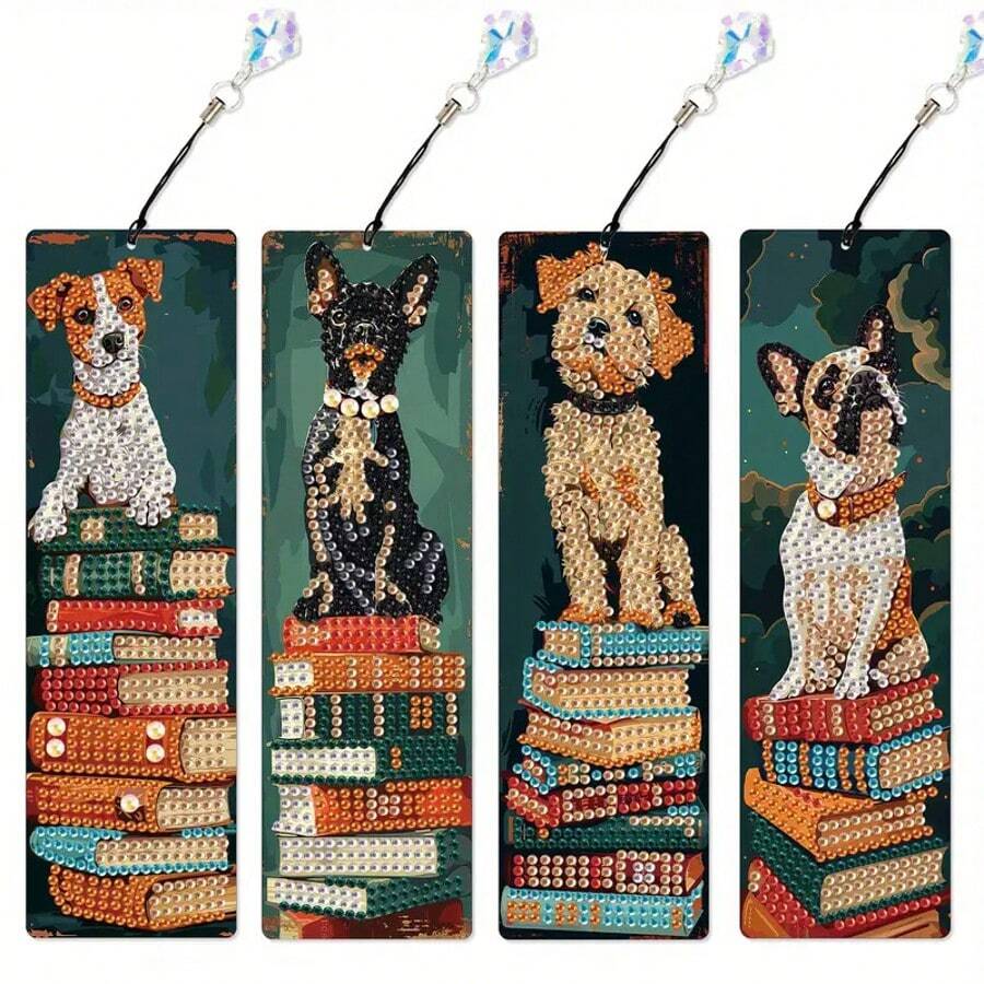 4pcs Set - Animal Pet Dog Pattern - Sparkling DIY Diamond Tassel Bookmarks Set, Unique Handmade Gift Set, Pendant Art Gift, Suitable For Book Lovers And Crafters - Multicolor - View 1