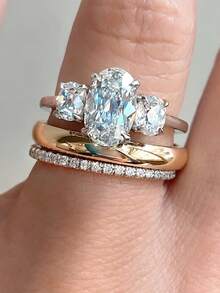 1pc 3-Stone Diamond Ring, Elegant Women's Jewelry Gift - Triple Oval Ring - View 8