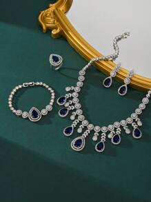 4-Piece European & American Style Bridal Jewelry Set: Blue Zirconia Necklace, Earrings, Ring, And Bracelet, Suitable For Dubai Wedding Dress, Middle Eastern Arabic Formal Gown, Valentine's Day Gift