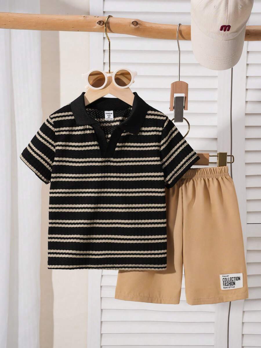 2pcs/Set Young BoyWaffle Stripe Polo Shirt Set, 2025 - V-Neck Shirt And Shorts, Summer Outfit (Suitable For 2-3 Years, 4-5 Years, 6-7 Years Old Children) - Black - View 1