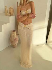 1 Set Strapless Starfish Metallic Decor Bodycon Crop Top And Skirt 2 Pieces Outfit - Khaki - View 4