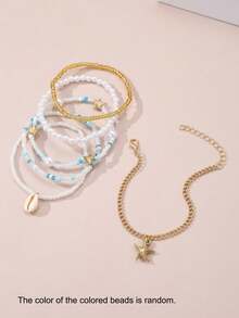6/7pcs Bohemian Style Beachy Sea Star, Shell And Rice Bead Elastic Anklet Set, Summer - Multicolor - View 9