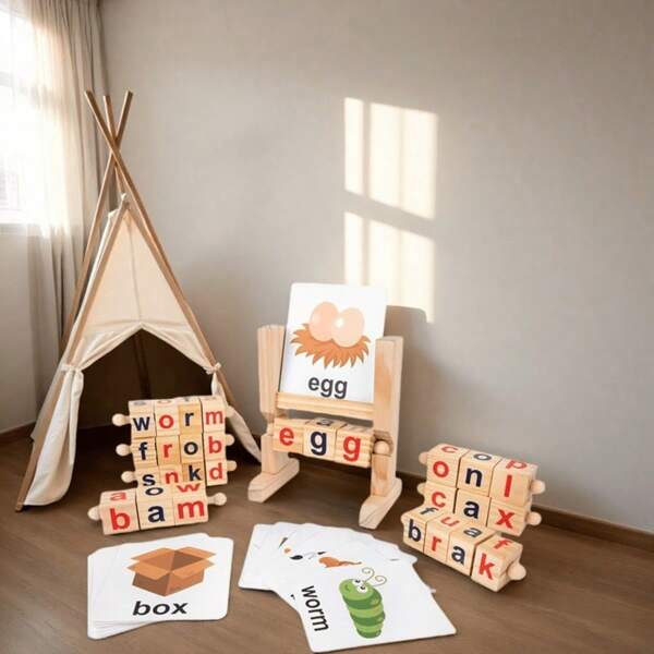 Words Spelling Game Set - Fawn Toy For Kids! Featuring Vowel Letter Pairing, Ideal For Cognitive Early Education, Comes With Wooden Reading Blocks And Flashcards To Enhance Language Skills And Learning Fun