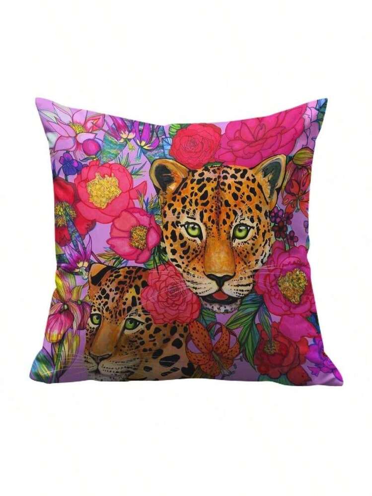 1 PIEZA, Tema de la selva - Leopardo, Fundas de cojín vívidas con elementos florales tropicales. Apto para todas las estaciones (No se incluyen los insertos de almohada). - Multicolor - Añade 18