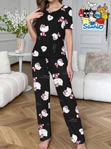Sanrio Conjunto de 2 piezas de Hello Kitty, top de cuello redondo de manga corta y pantalón con cintura elástica, ropa casual de estar en casa para mujer