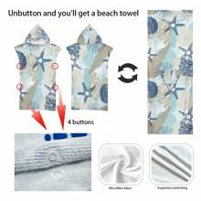1 pieza Toalla de playa con capucha con elementos oceánicos, manta de playa de microfibra supersuave y envolvente de playa convertible, diseño de 4 botones que se puede desabrochar para convertirla en manta, súper absorbente, apta para viajes, piscina, buceo, surf, yoga, campamento, disponible en tallas para adultos y niños, de vuelta al colegio