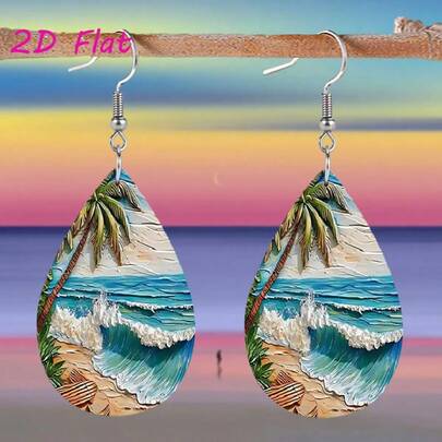 1 Pair Water Drop Earrings, Beach-Inspired Palm Wave And Sand Art Design, Perfect For Summer