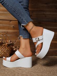 Sandálias de Plataforma e Cunha Decoradas com Tanga Multicolorida, Moda de Verão Feminina, Casual, Confortáveis para Férias, Combina com Vestido ou Calça, Clássicas, Bico Aberto, Respiráveis, em Couro PU