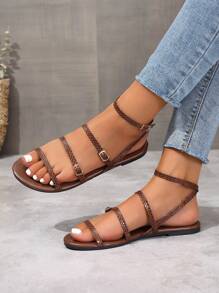 Women's Fashionable Golden Simple Flat Sandals, Solid Color Buckle Shiny Fashionable And Comfortable Open Toe Sandals, 2025 New Summer Glamorous High-End Round Toe Sandals, Casual Women's Shoes Suitable For Outdoor And Party Wear, Sexy Shoes For Women,Ladies Shoes,Gold Shoes,Sparkly Sandals,Gold Sandals,Snake Pattern,Suitable For Vacation And Beach Fun