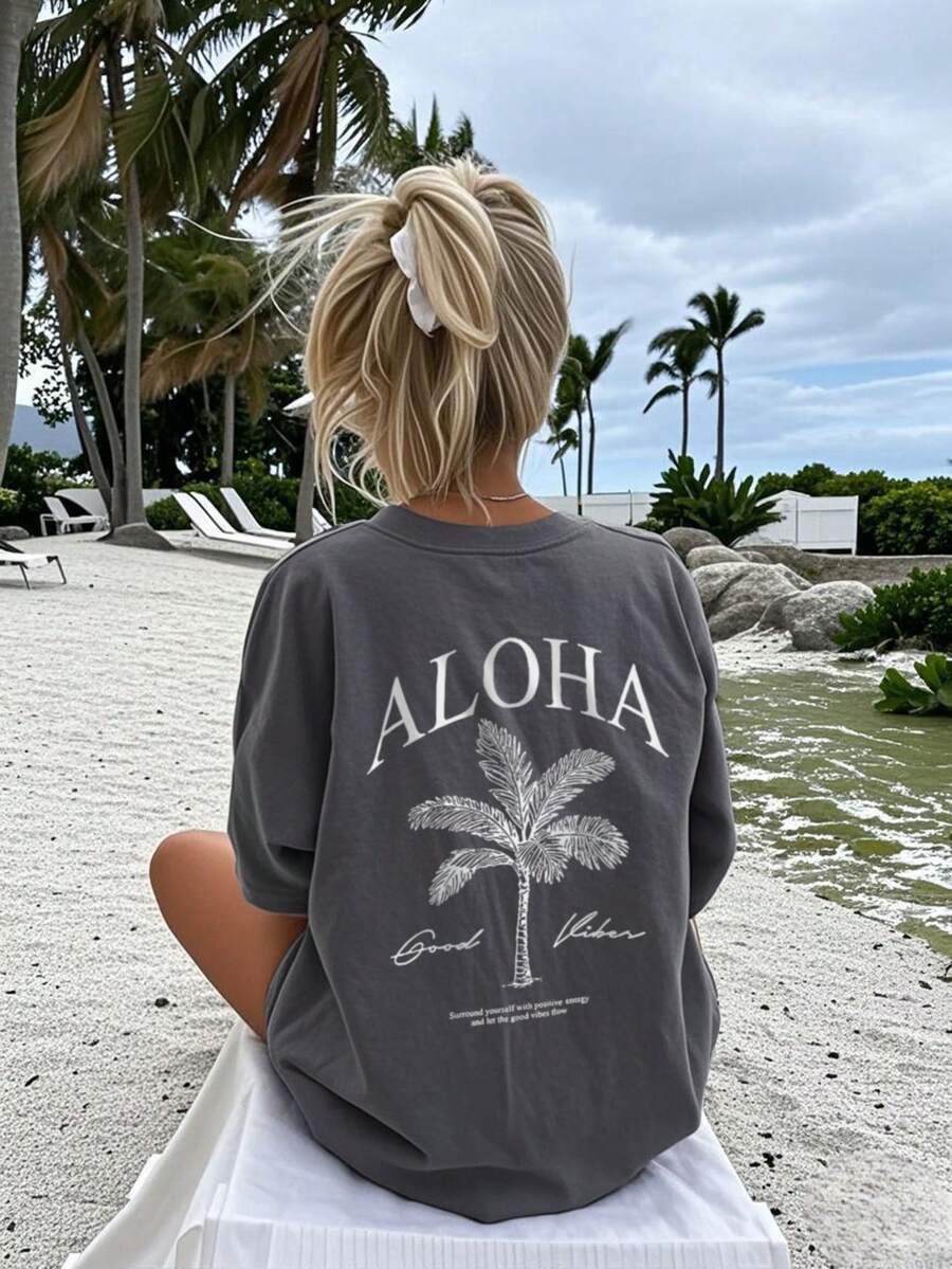 女士春夏新款棕榈树标语印花休闲圆领短袖T恤，时尚度假风，日常必备单品。图案T恤，女士白色上衣，黑色上衣，粉色上衣，度假装扮