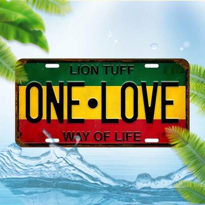 Vintage Metal Sign "ONE LOVE - WAY OF LIFE" - Lion Tuff Decorative Plaque, Suitable For Home, Garage, Cafe, Restaurant, Bar And Wall Decor - Dustproof Waterproof Retro License Plate Style, Random Hole Design