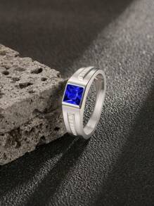 AIHUASI 1pc Luxury Certified 925 Sterling Silver Hypoallergenic Wedding Rings For Men Solitaire 6*6mm 1.25 Carat Princess Cut Dazzling Blue Synthetic Spinel Vintage Party Eternity Engagement Ring Fine Jewelry Gift