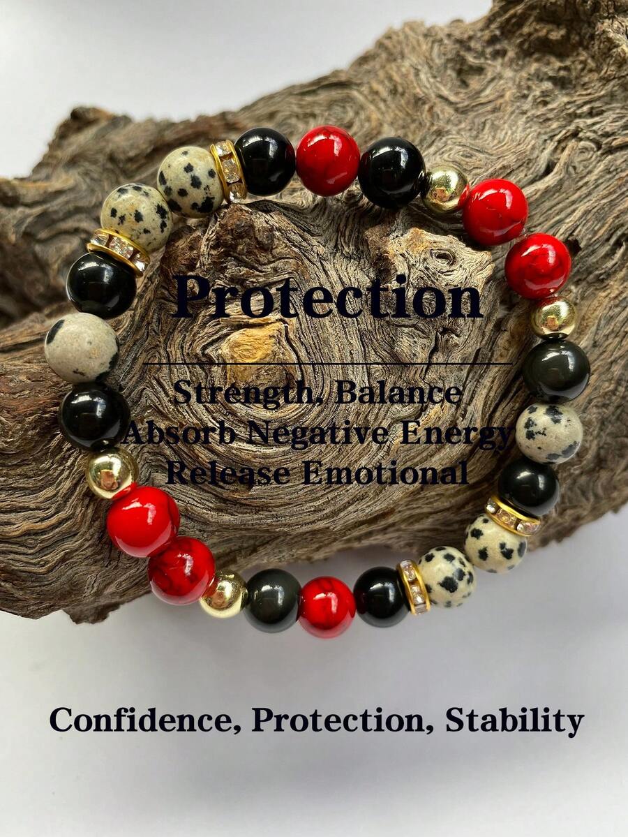Men's Beaded Protection Bracelet 8mm Red Turquoise, Black Obsidian Meditation Jewelry For Women Men- Strength, Confidence, Negative Energy - Multicolor - View 1