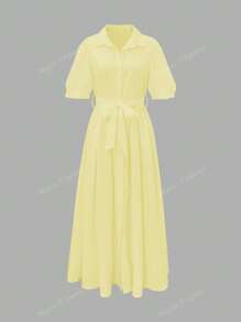 Women's Spring And Summer Thin Shirt Dress Open Collar Solid Color Loose Shirt Dress Tie Puff Sleeves Short Sleeves Non-Elastic Casual Commuting French Style Simple Lazy Style Temperament Elegant Women's Vacation Wear Graduation Season Valentine's Day Independence Day Back To School Season Gift Ladies Dress